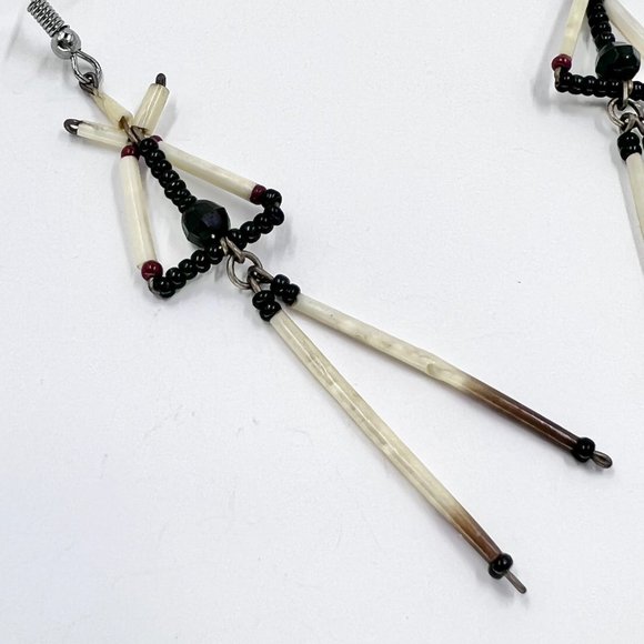 Beautiful Porcupine Quill Black & Red Beaded Silver Tone Fishhook Earrings - Picture 5 of 7